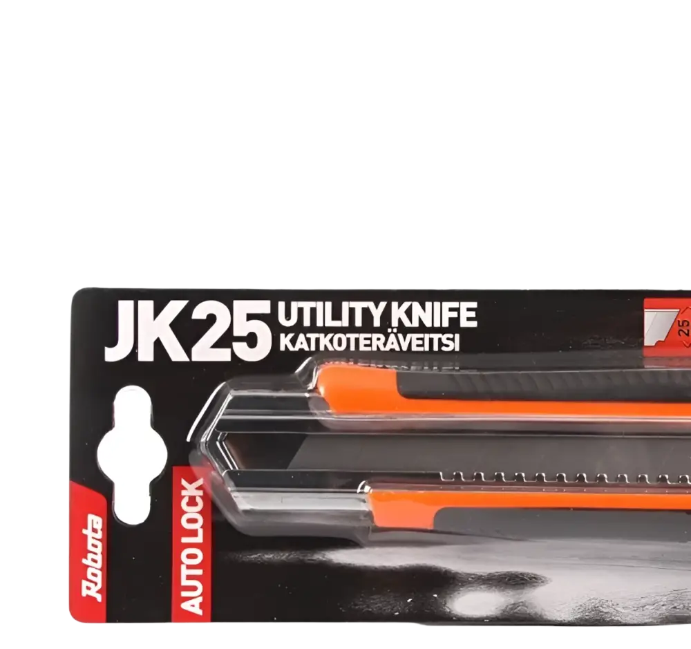 Robota katkoteräveitsi jk25 oranssi musta 25mm terällä ja kumisella otepinnalla dual lazer sharp automaatti lukolla