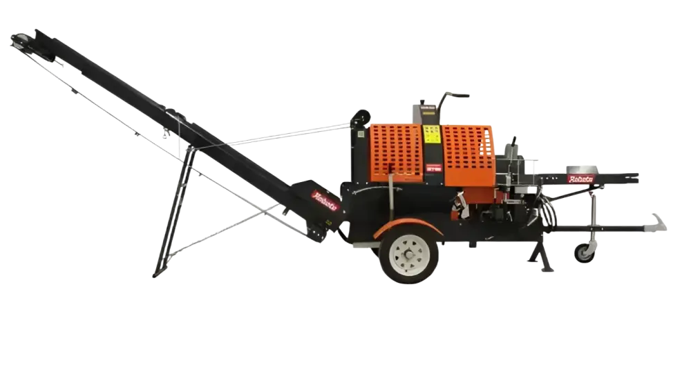 Musta ja oranssi robota klapikone rb7-t pieneen halkojen hakkuuseen pitkä kuljetinhihna edessä
