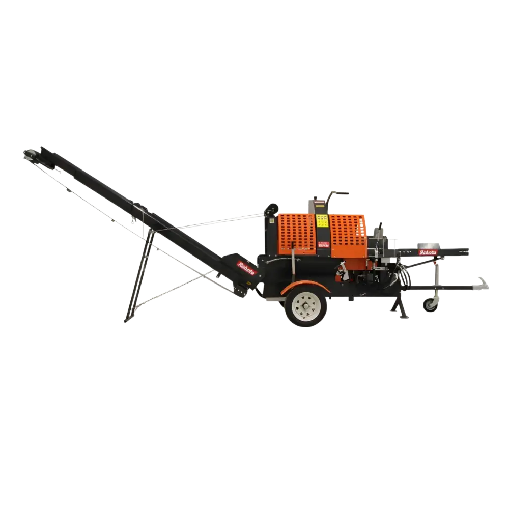 Robota klapix rb7-t orange ja musta kannettava puiden haketuskone pitkällä kuljetushihnalla sivulla kasattuna
