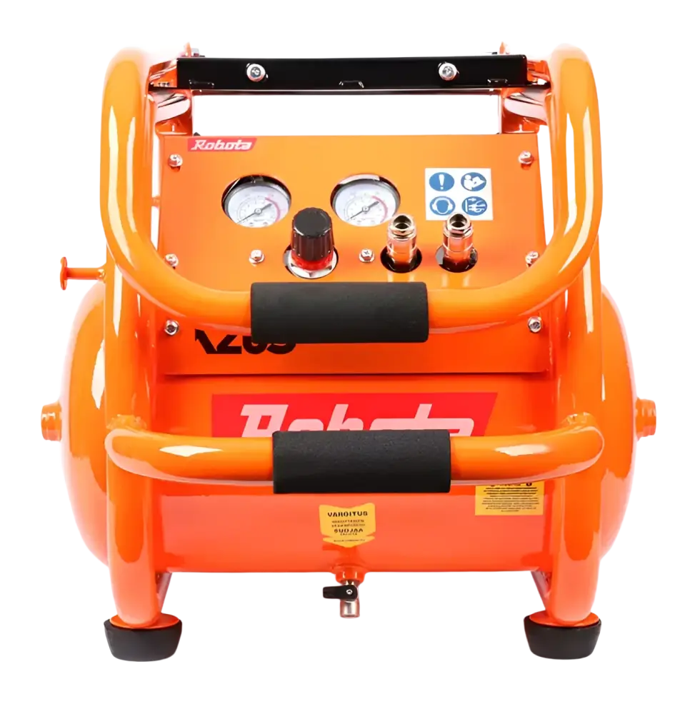 Oranssi robota k20s 20l hiiljainen kompressori mustilla kumisilla kahvoilla ja ohjausmittareilla