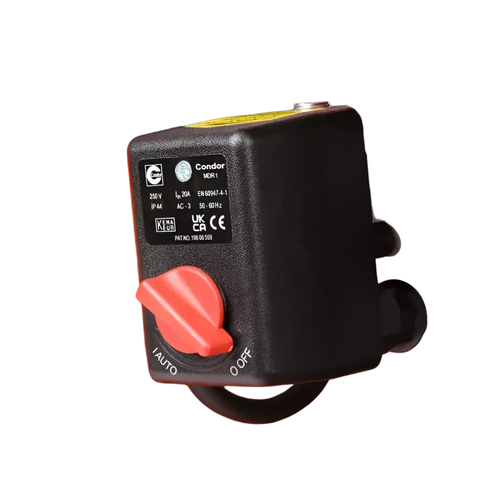 Black plastic control box with red rotary switch for auto and off labeled condor mdr1 on robota k20s 20l compressor