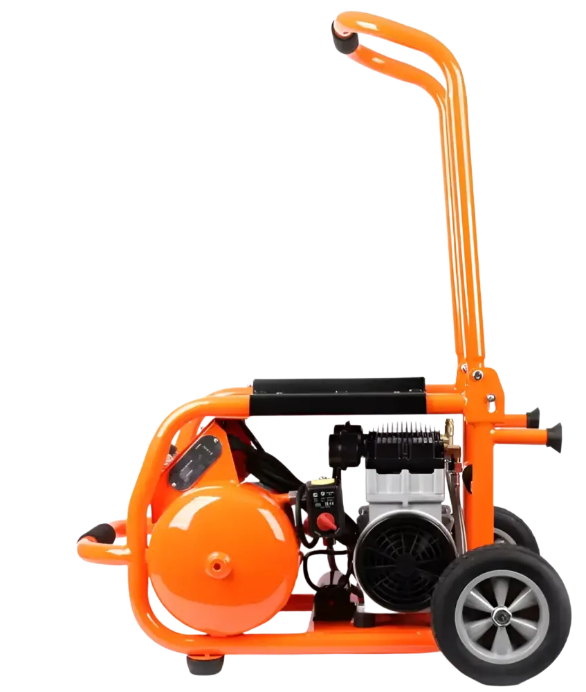 Orange robota k20s 20l hiljainen kompressori mustilla pyörillä ja kahvalla näkyvällä moottorin osilla