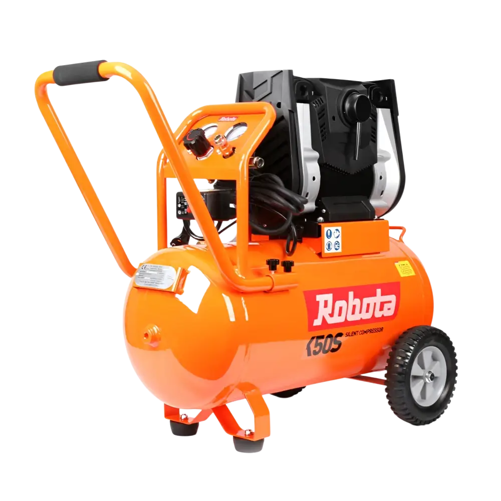 Orange robota 150s hiljainen 50l säiliöllä varustettu kompressori kahvalla, pyörillä ja ohjauspaneelilla