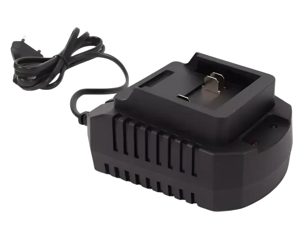 Black robota laturi 18v akuille with coiled cord and european plug for efficient charging