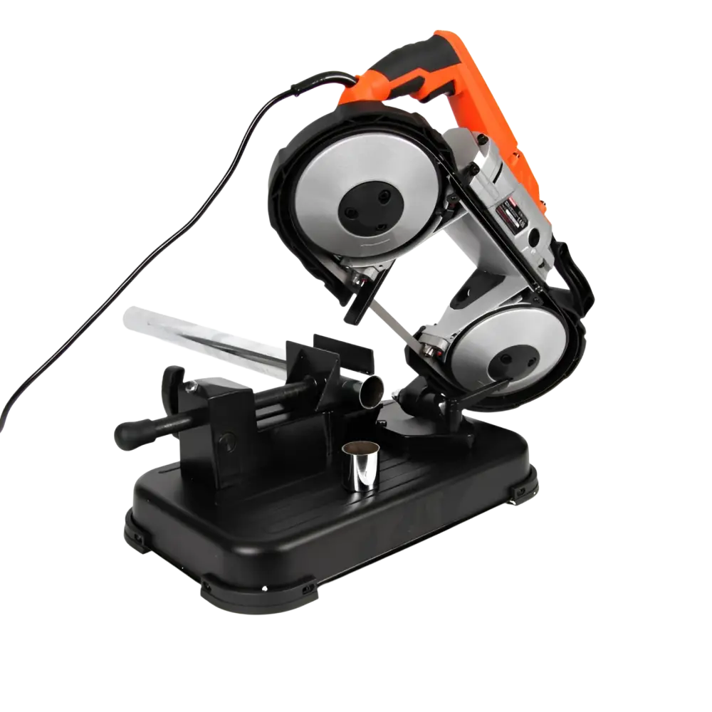 Robota metallivannesaha c71 1100w on oranssi ja musta pöytämallin kone hopeisella terällä ja tukevalla jalustalla