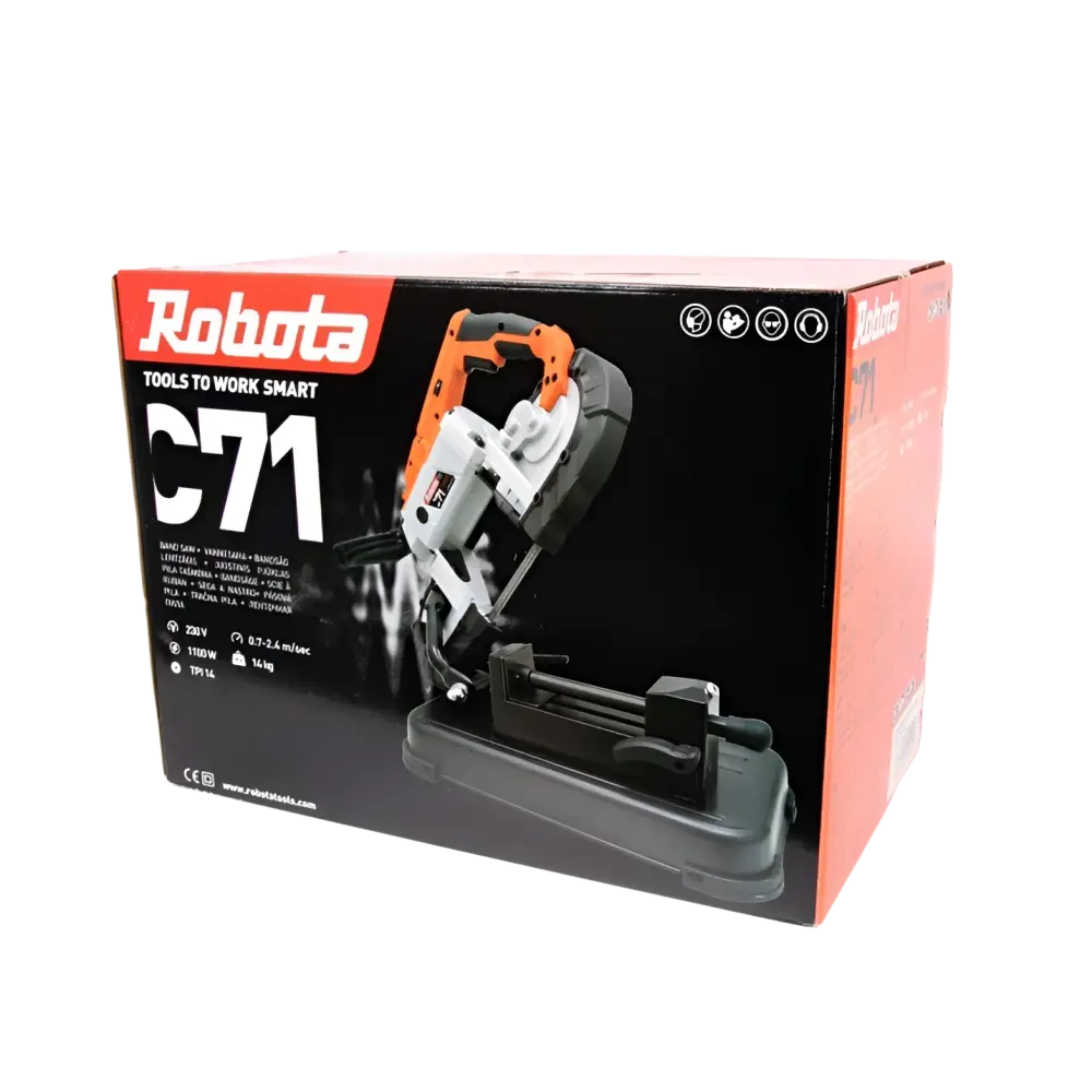 Robota metallivannesaha c71 1100w pöytämallin kone vie oranssi musta myyntipakkauksessa