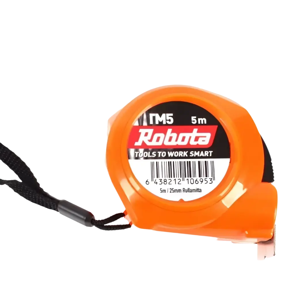 Robota mt5 5m 25mm oranssi rullamitta iskunkestävää abs muovia ja mustalla kantohihnalla
