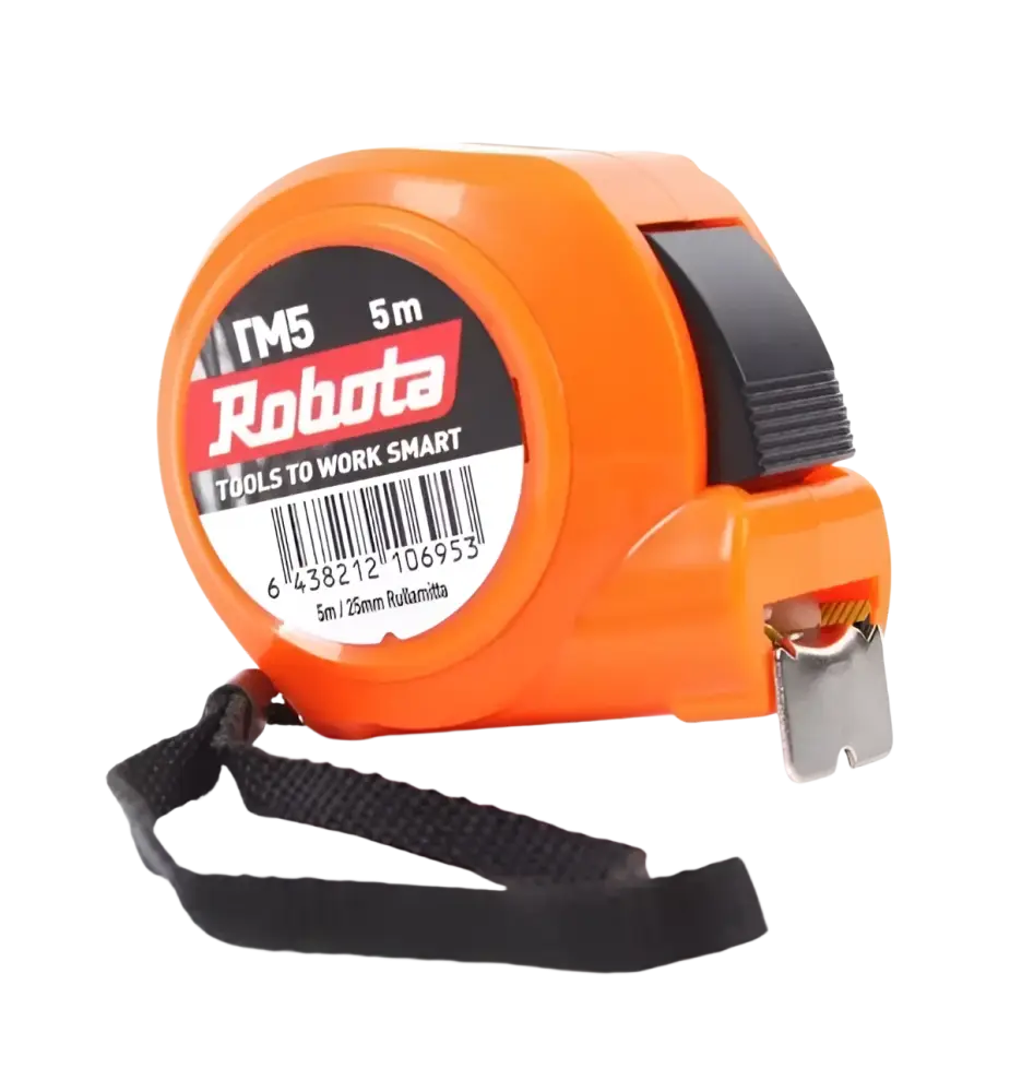 Oranssi robota mt5 5m-25mm rullamitta iskunkestävää abs muovia mustalla vetoterällä ja kantohihnalla