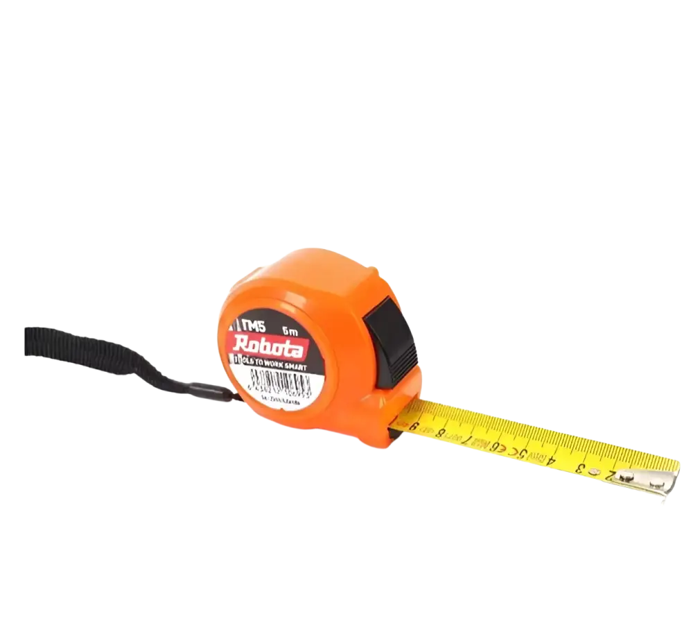 Robota mt5 5m 25mm rullamitta oranssi iskunkestävää abs muovia mustalla kelautuvalla narulla ja keltaisella mittanauhalla