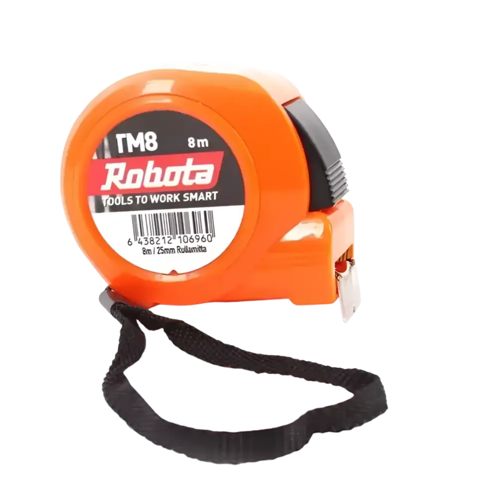 Robota mt8 8m 25mm rullamitta oranssi iskunkestävää abs muovia mustalla vetonarulla ja metallisella terällä