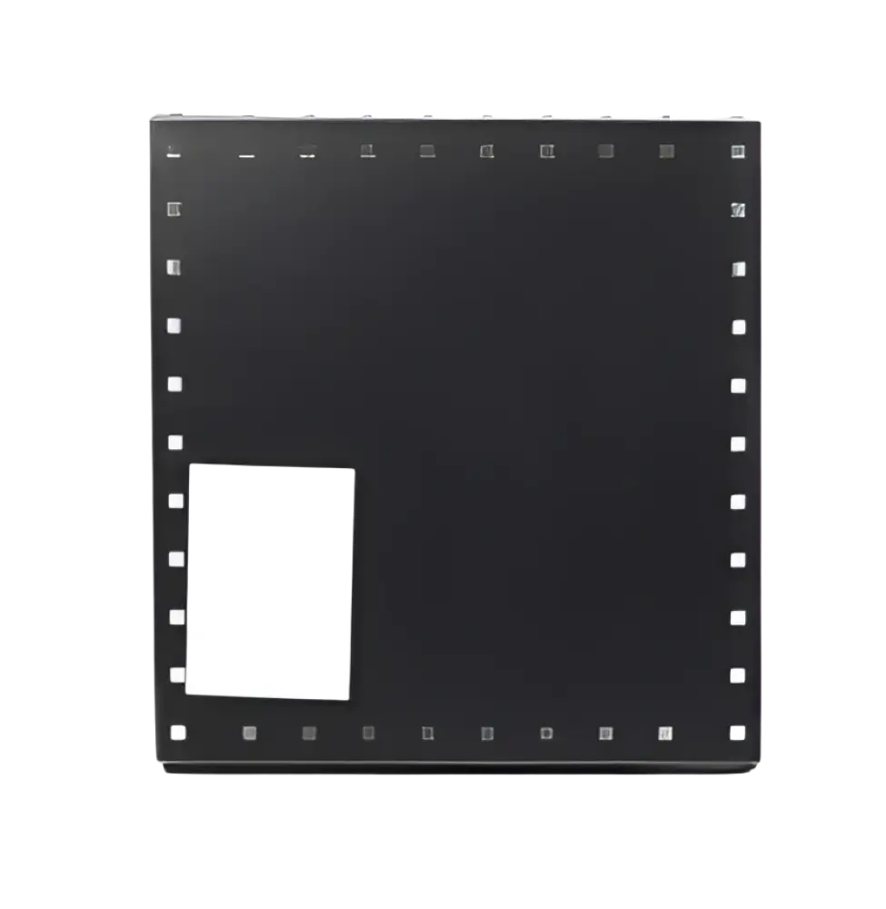 Musta suorakaiteen muotoinen 38mm välein perforoidun reunoilla varustettu filmiraita robota pakettiautohylly 390x420mm
