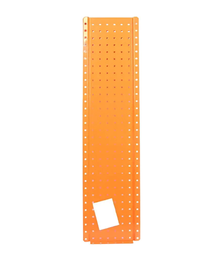 Oranssi reiitetty metallinen robota pakettiautohyllyn pääty paneeli 38mm välein 1200x300mm kokoinen