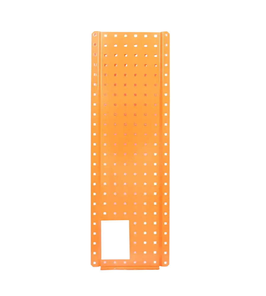 Robota pakettiautohyllyn pääty 910mm x 300mm oranssi perforoitu metallilevy 38mm välein reiityksin ja suorakaideaukon kanssa