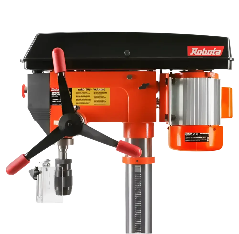 Robota pylväsporakone 900w orange ja musta värinen, punakahvaisilla vipuilla varustettu penkkiporakone