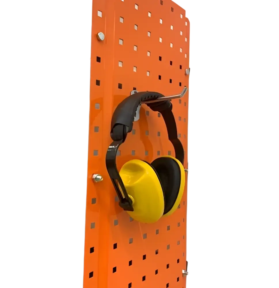 Bright yellow and black industrial ear protection headphones hanging on an orange pegboard for robota sh10 100mm 10kpl