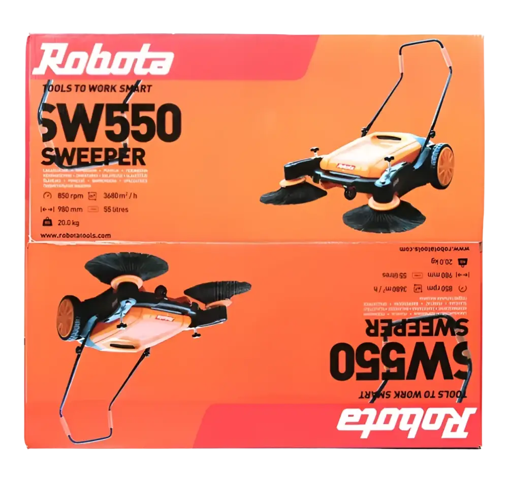 Robota sw550 työnnettävä lakaisukone keltamusta moottoroitu lattiapuhdistin kahdella pyöreällä harjalla