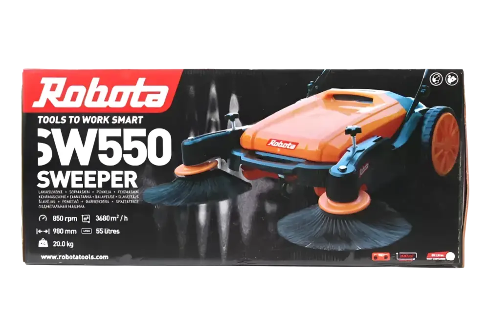 Oranssi ja musta robota sw550 työnnettävä lakaisukone pyörivillä harjoilla tehostettuun puhdistukseen