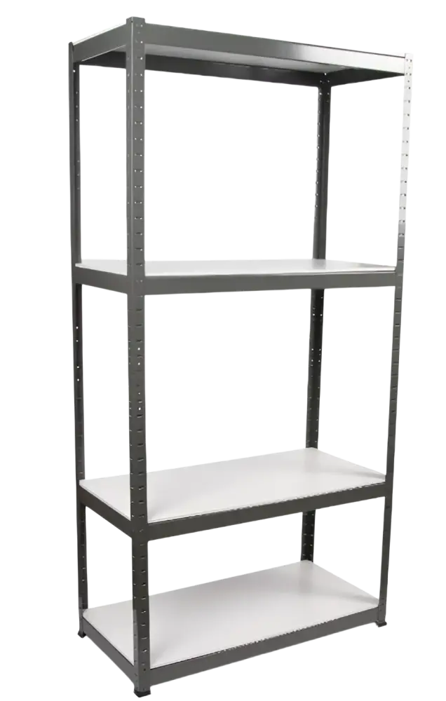 Robota varastohylly jämerä 180x90x44,5cm harmaa metallinen hyllykkö neljällä valkoisella hyllytasolla