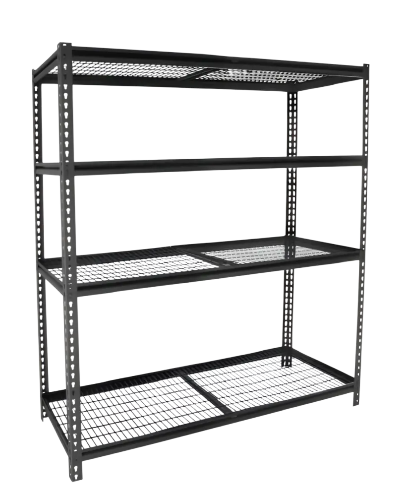 Mustan värinen jämerä teräksinen varastohylly 183x183x53cm perforoiduilla teräshyllyillä 300kg per taso
