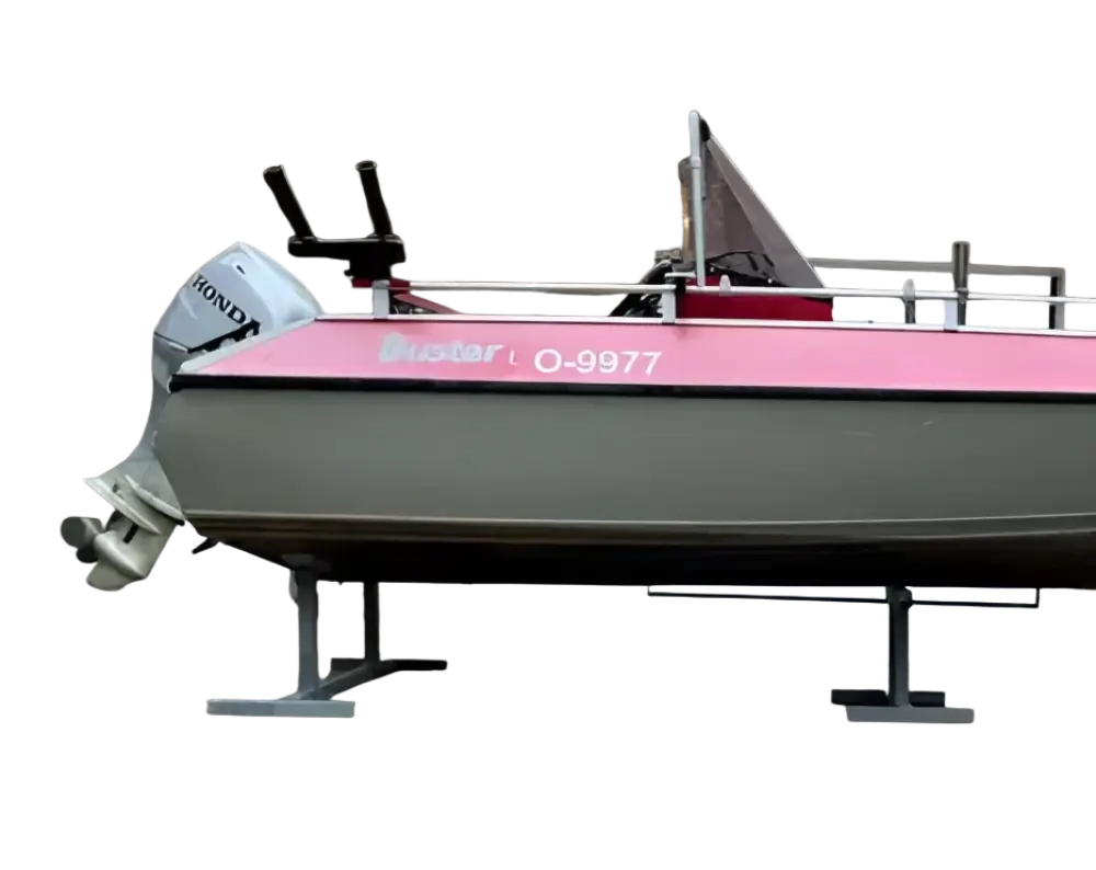 Pinkki ja harmaa robota venepukki taakse 3mm seinämävahvuudella ja honda perämoottorilla