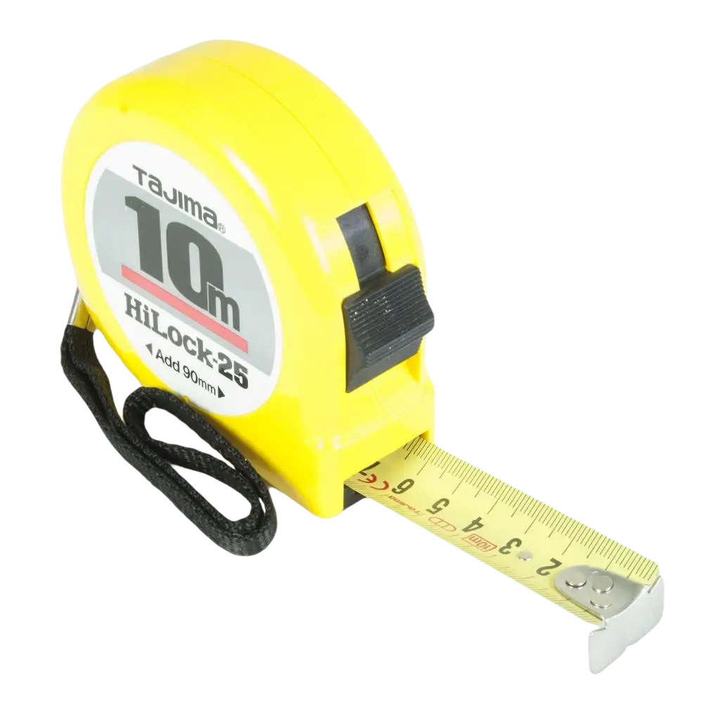 Kirkkaan keltainen rullamitta tajima 10 m 25 mm mustalla kahvalla ja hopeisella metallinoukalla tajima hi-lock