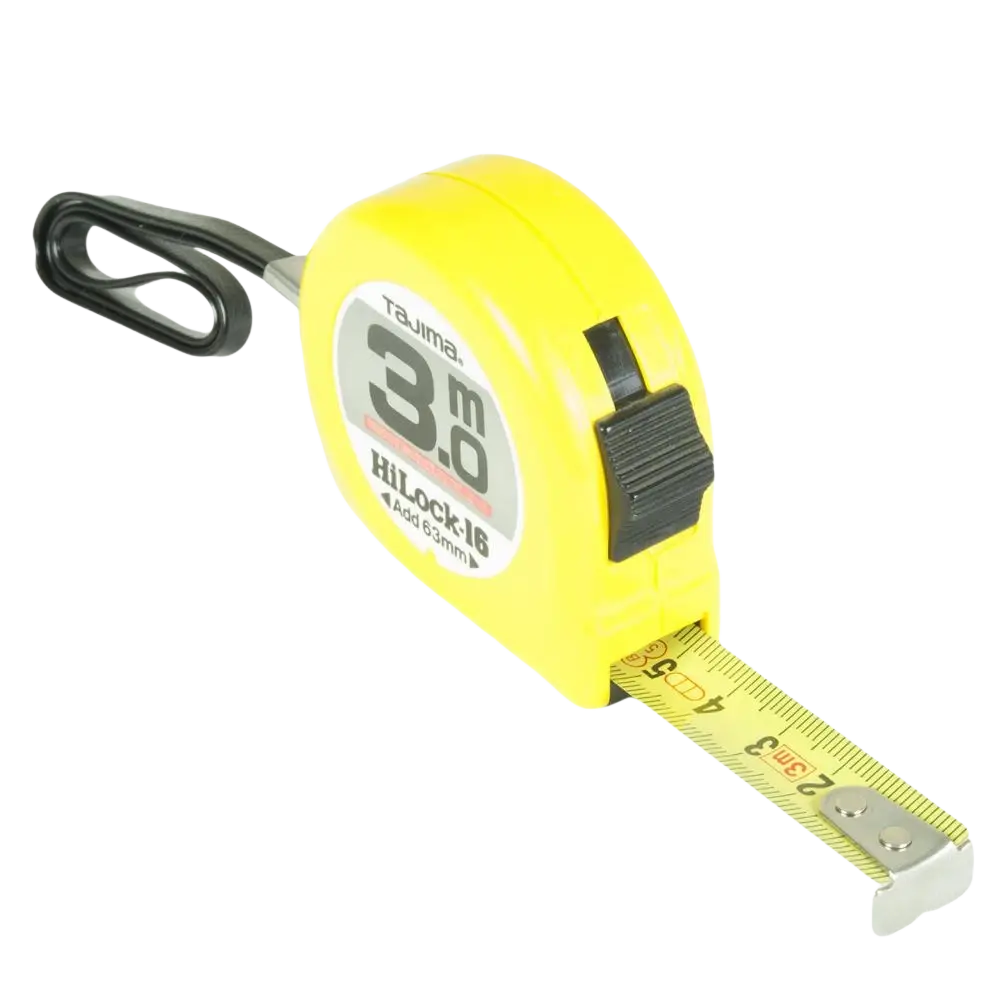 Kirkkaan keltainen rullamitta tajima 3m 16mm metallisella mittanauhalla ja mustalla kädensijalla