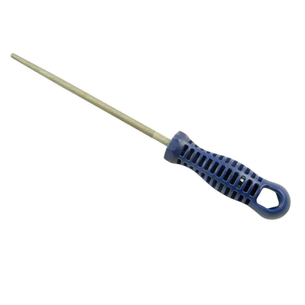 Sahaviila kahvalla 200 mm pyöreä metallisella uritetulla varrella ja sinisellä muovikahvalla