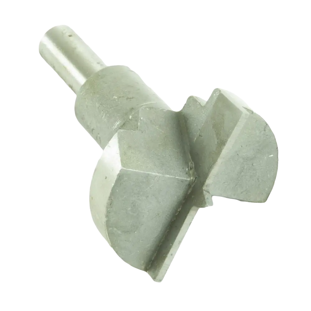 Silver-colored metal wood router bit with cylindrical shaft and three cutting flutes for saranapora schwan 35 mm