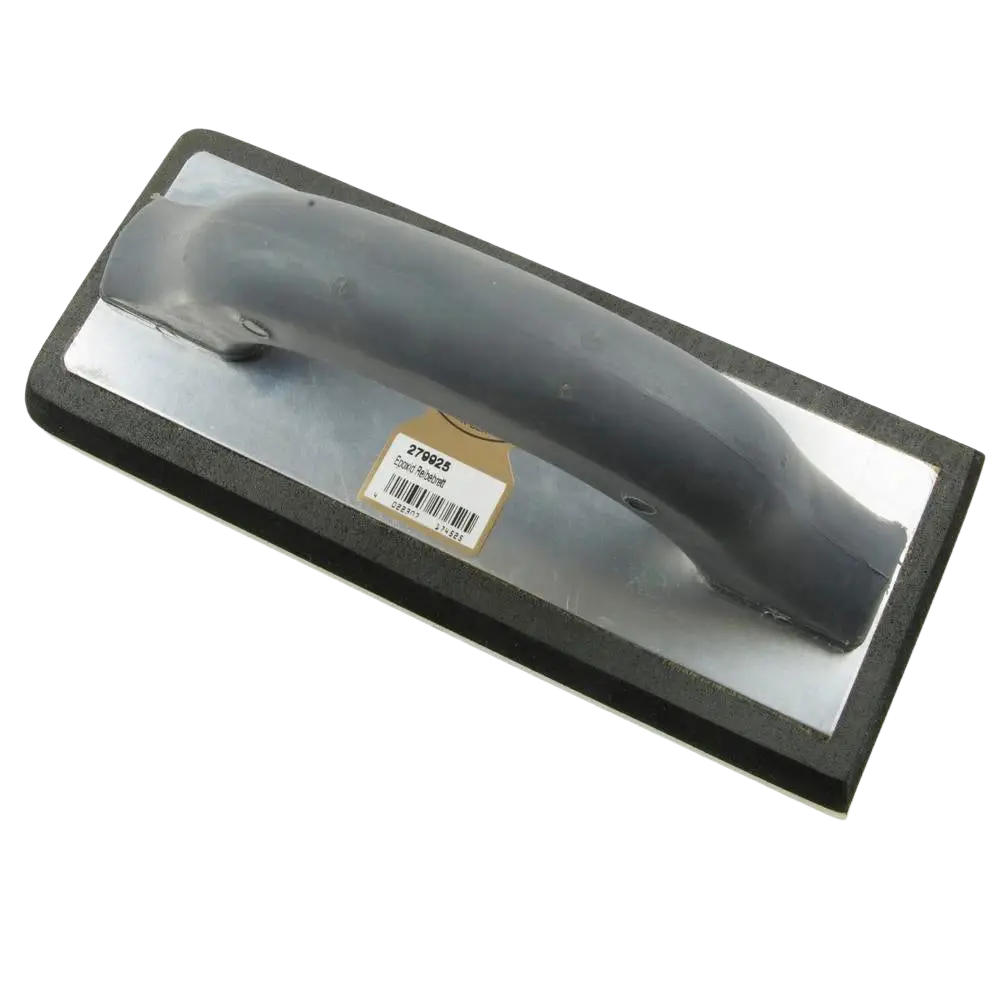 Black rubber-handled concrete trowel with metallic silver blade saumauskumi schwan 100x240mm epoxy