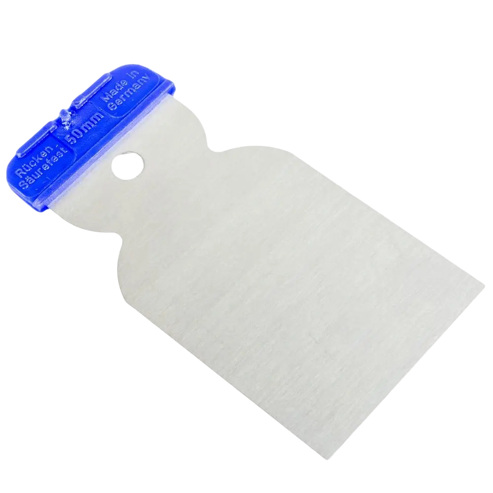 A 50mm ruostumaton teräslasta schwan japanlasta sinisellä muovikahvalla made in germany ja rücken säurefest tekstillä