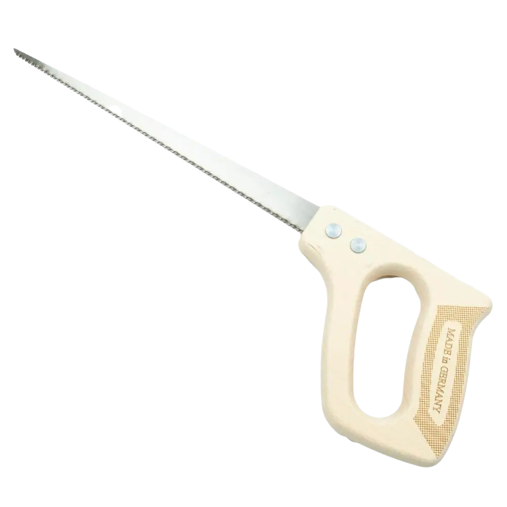 Cream-colored plastic handled schwan pistosaha 300 mm with silver fine-toothed blade for mutkittelevien leikkausten tekemiseen