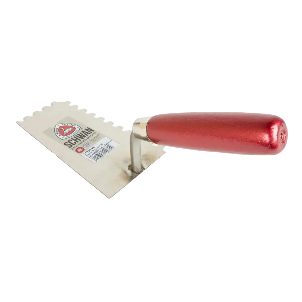 Schwan putskauha 140 mm oikea hammas ruostumaton teräs trowel with red handle and serrated metallic blade