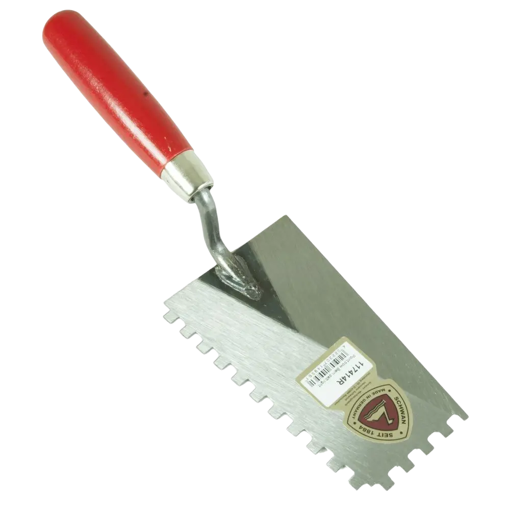 Red-handled schwan putskauha 6x6 with a metallic serrated blade and branded label for right-hand use