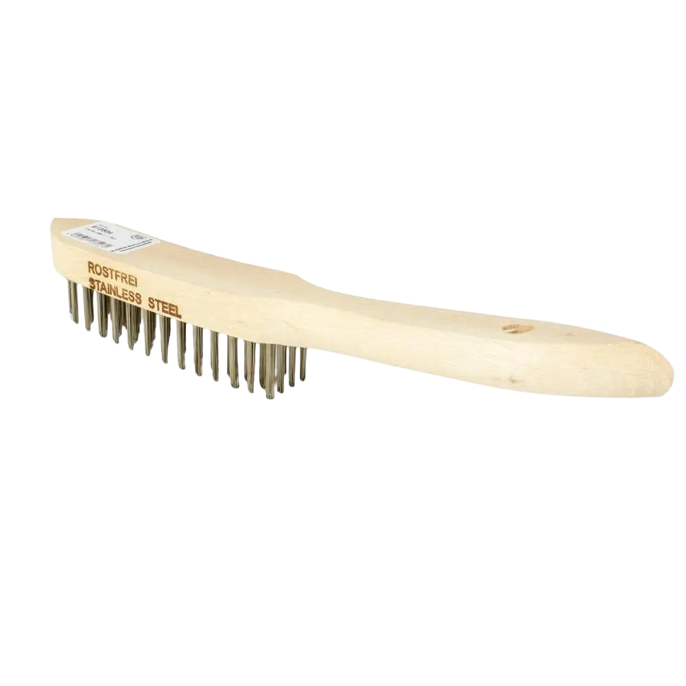 Schwan teräsharja 4-riviä ruostumattomasta teräksestä vaalealla puukahvalla ja tiheillä metalliharjaksilla ruosteisille pinnoille