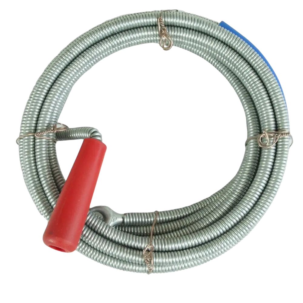 Coiled schwan viemärirassi 5 m putkien avaamiseen with silver metal snake, red handle, and blue protective sleeve