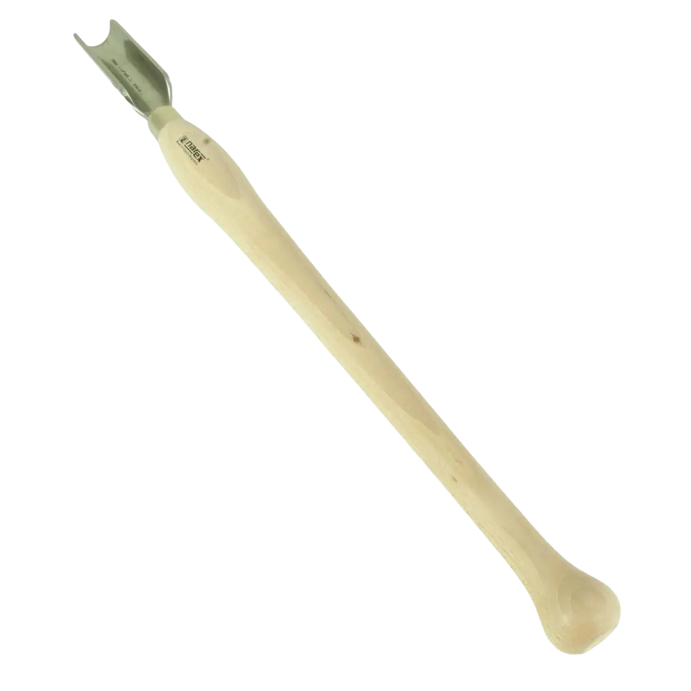 A light-colored wooden-handled sorvitaltta narex hss roughing gouge with a metallic forked tip 32mm 650mm