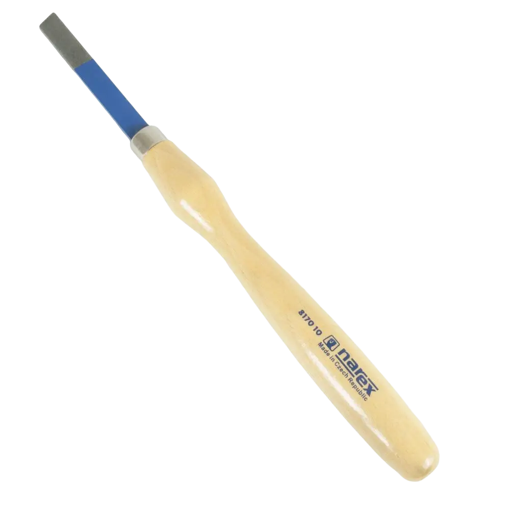 Sorvitaltta narex suora carving chisel with beige wooden handle and blue metal blade for precise wood carving