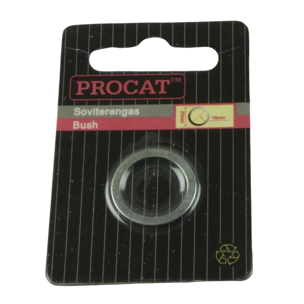 Selkeä muovinen soviterengas procat 18 mm halkaisijaltaan estää terän heilumisen mustalla raidallisella kortilla