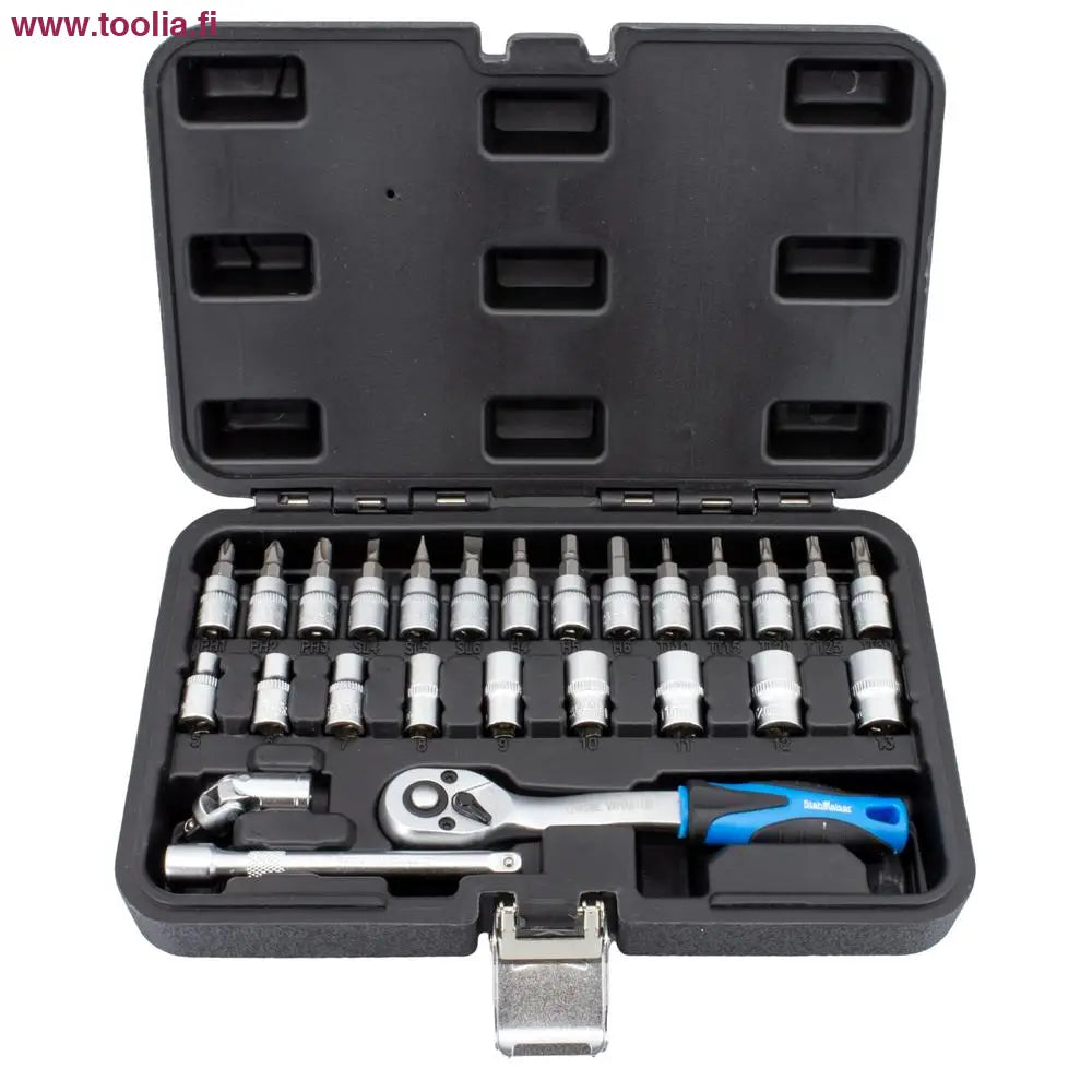 StahlKaiser Hylsysarja 1/4" 26-os|StahlKaiser Hylsysarja myyntipakkaus|StahlKaiser Hylsysarja sisältö