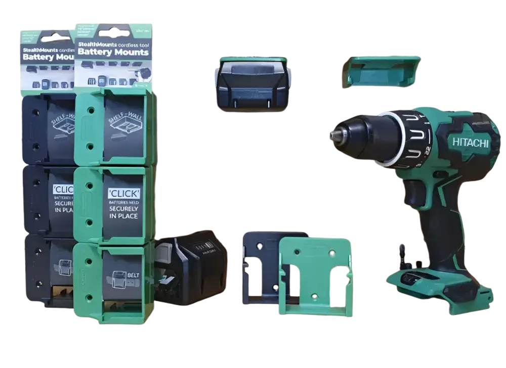 Vihreä ja musta hitachi 18v johdoton porakone metallisella istukalla ja ergonomisella kahvalla stealhmounts akunpidikkeelle