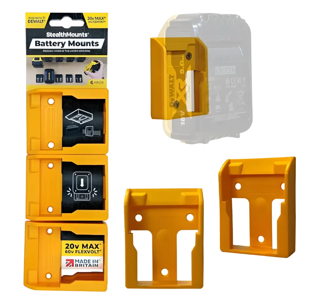 Keltainen muovinen dewalt xr 20v stealthmounts akunpidike 6 kpl akut lukittuvat tukevasti työkaluun