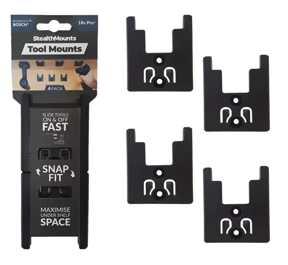 Mustat muoviset stealthmounts koneenpidikkeet neljän kappaleen pakkauksessa bosch 18v pro työkaluille