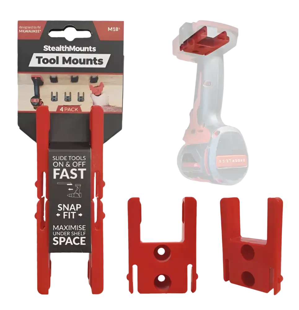 Punaiset muoviset stealthmounts koneenpidike milwaukee m18+ työkaluja varten neljän kappaleen pakkauksessa