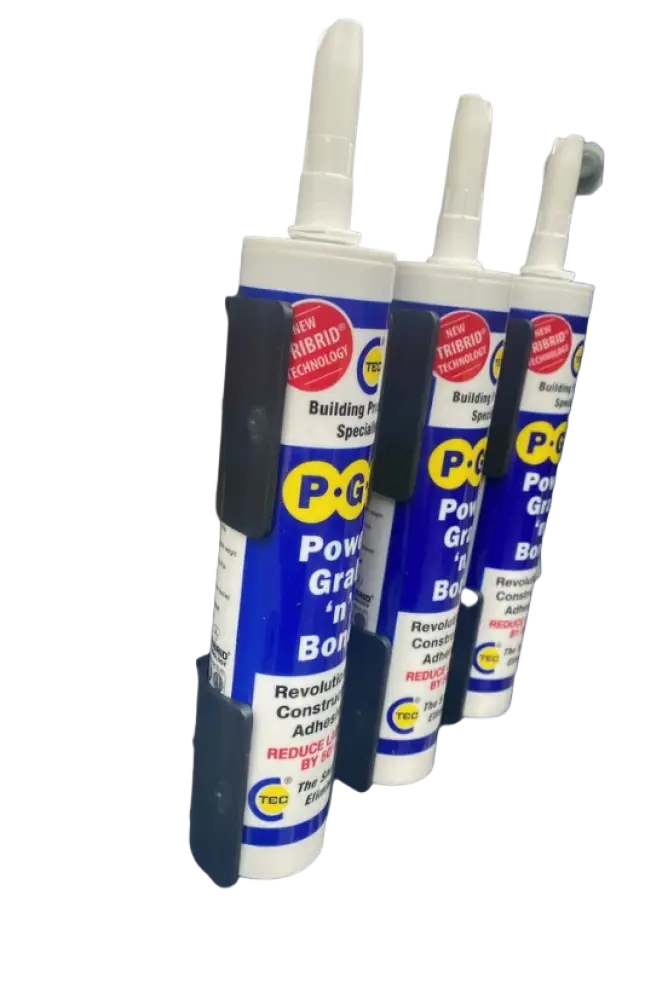 Stealthmounts tuubinpidike 4kpl sisältää kolme sinivalkoista p-g power grip bond liima-ainetubin mustilla muovitelineillä