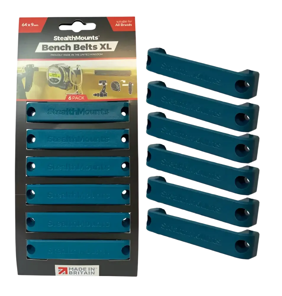 Teal-väriset stealthmounts työkalupidike 64x9mm muoviset penkkihihnat 6kpl pakkauksessa