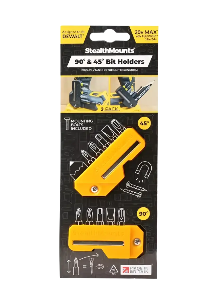 Keltainen stealthmounts magneettipidike dewalt 2kpl 45 ja 90 astetta muovipidikkeet ruuveilla pakkauksessa
