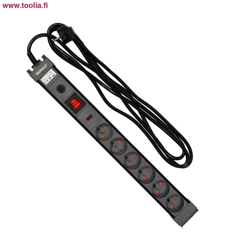 Sthor Maadoitettu jatkojohto 3 m musta 6-os ylijännitesuojalla|Sthor maadoitettu jatkojohto ylijännitesuojalla|Sthor maadoitettu jatkojohto ylijännitesuojalla painikkeet|Sthor maadoitettu jatkojohto ylijännitesuojalla myyntipakkaus
