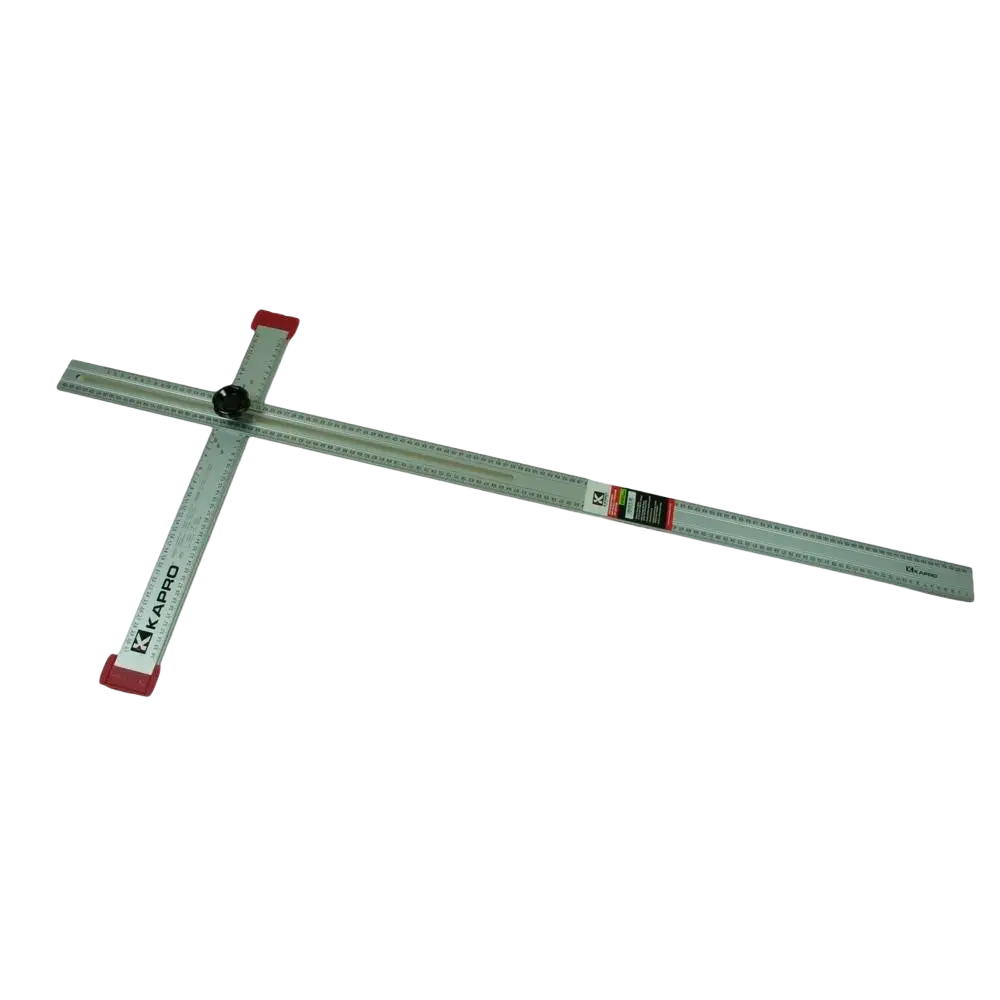 Hopeinen kappro säädettävä t-linjari 120cm punaisilla päätykapseleilla ja syövytetyillä kulmamerkinnöillä