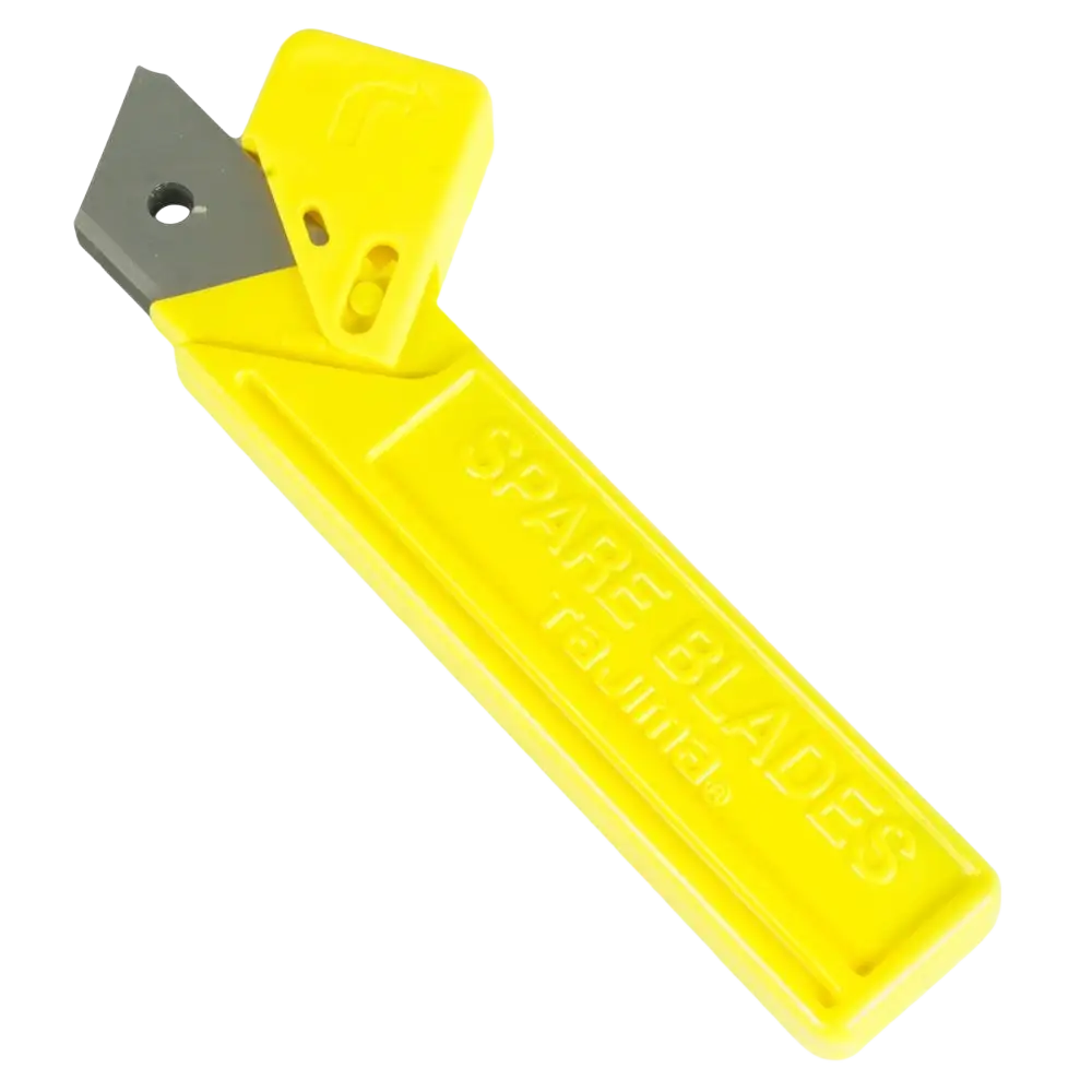 Kirkkaan keltainen muovikotelo, jossa on yksi metallinen vara-terä, tajima katkovaraterä 25 mm lcb-65 tuotteelle