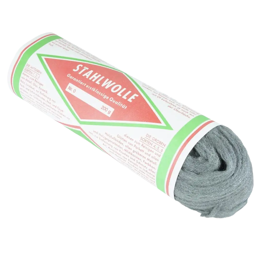 A roll of gray schwan teräsvilla steel wool in white and green packaging for pintojen karhennukseen and maalin poisto